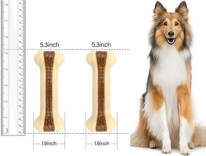 Dog Bones for Aggressive Chewers, 2 Pack Real Beef Flavor Puppy Teething Toys for Medium/Small Breed Dogs, Durable Nylon Dog Chew Toys