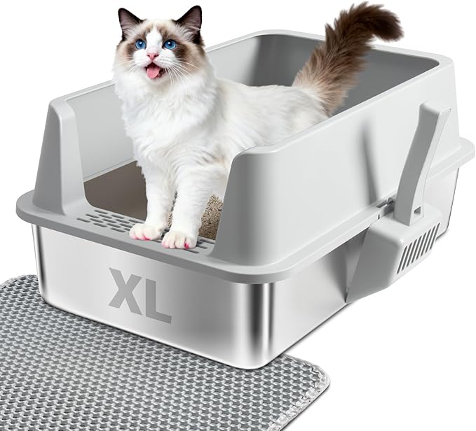 Stainless Steel Cat Litter Box, XL Cat Litter Box with Lid for Big Cat, Extra Large Metal Litterbox with High Side，Non-Stick, Odor-Resist, Anti-Urine Leakage, Easy-Clean, Includes Mat & Scoop