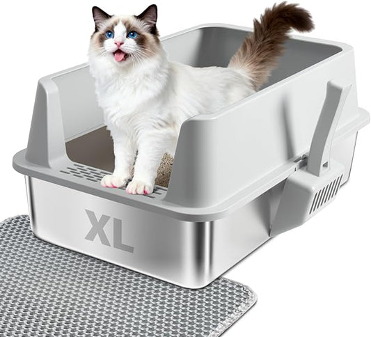 Stainless Steel Cat Litter Box, XL Cat Litter Box with Lid for Big Cat, Extra Large Metal Litterbox with High Side，Non-Stick, Odor-Resist, Anti-Urine Leakage, Easy-Clean, Includes Mat & Scoop