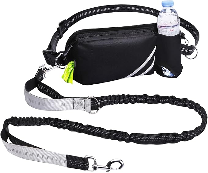 Hands Free Dog Leash with Pouch, Waist Leash for Dog Walking with Water Bottle Holder, Reflective Stitching, Dual Handle, Bungee Retractable Running Medium to Large Black 25-120 lbs
