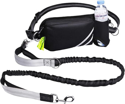 Hands Free Dog Leash with Pouch, Waist Leash for Dog Walking with Water Bottle Holder, Reflective Stitching, Dual Handle, Bungee Retractable Running Medium to Large Black 25-120 lbs