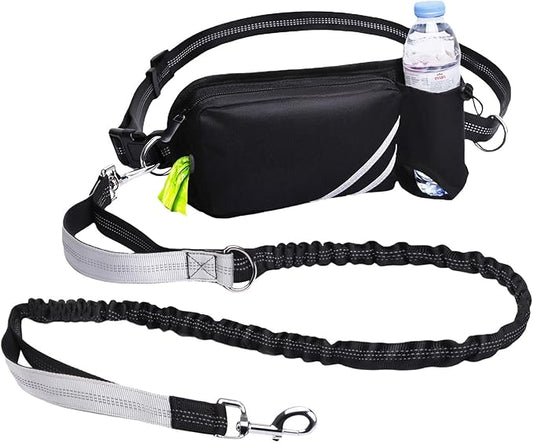 Hands Free Dog Leash with Pouch, Waist Leash for Dog Walking with Water Bottle Holder, Reflective Stitching, Dual Handle, Bungee Retractable Running Medium to Large Black 25-120 lbs