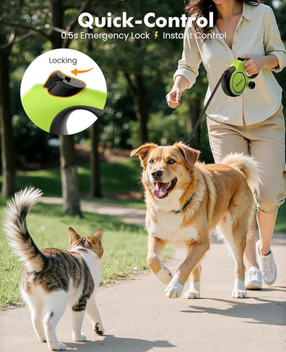 Pecute Retractable Dog Leash with Chew Proof Steel Cable, 26ft Heavy Duty Retractable Pet Leash with Poop Bag Holder, Anti-Slip Grip, for Medium/Large Power Chewers & Pullers 33lbs-110lbs (Green)