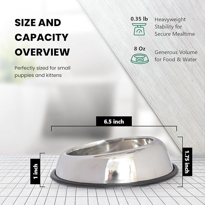 Iconic Pet 1 Cup/8 Oz Heavy Weight Non-Skid Stainless Steel High Back Pet Food/Water Bowls with Removable Anti Skid Rubber Ring - Dog/Cat Feeding Bowl in Unique Design, Dishwasher Safe