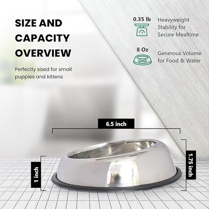 Iconic Pet 1 Cup/8 Oz Heavy Weight Non-Skid Stainless Steel High Back Pet Food/Water Bowls with Removable Anti Skid Rubber Ring - Dog/Cat Feeding Bowl in Unique Design, Dishwasher Safe