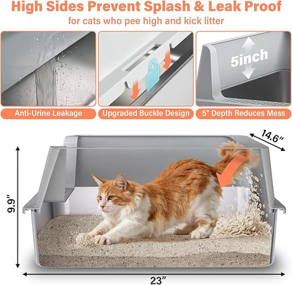 Stainless Steel Cat Litter Box with Lid, XL Metal Litter Box, Extra Large Litterbox for Big Cats, High Sided | Easy Cleaning | Odor-Free Includes Scoop and Mat