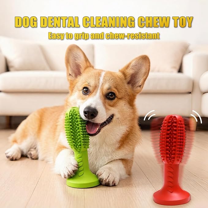 Dog Chew Toys, Interactive Suction Cup Toothbrush Chew Toy for Puppy Teething, Rubber Teeth Cleaning Stick with Treat Holder for Small and Medium Dogs (Red)