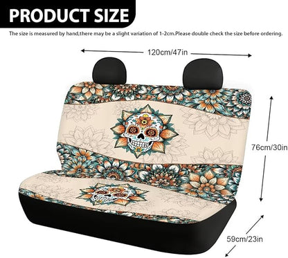AFPANQZ Skull Boho Flower Car Seat Cover for Women Men Polyester Fabric Protector Accessories Soft Washable Decorations Cloth Backseats Rear Seat Cushion Protection