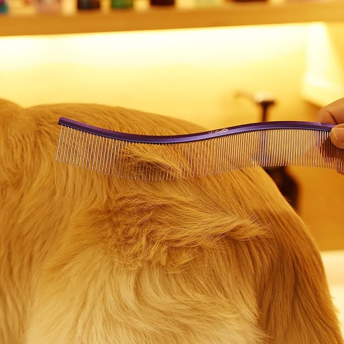 Pet Comb Stainless Steel Comb for Dogs Cats Pet Hair Comb for Grooming Curved with Rounded and Smooth Ends Stainless Steel Teeth Tools for Remove Tangles and Knots (BULE)