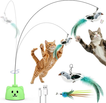 Interactive Cat Toys for Indoor Cats - Automatic Flying Bird Feather Toy, USB Rechargeable Electric Cat Teaser with Strong Sticky Base, Smart Motion Self-Play Toy for Bored Cats(Green)