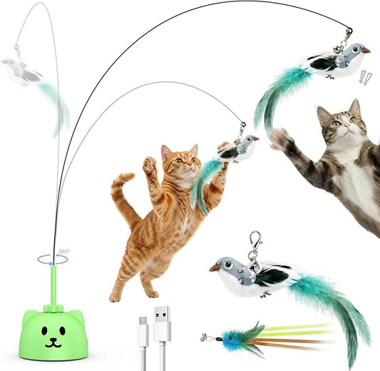 Interactive Cat Toys for Indoor Cats - Automatic Flying Bird Feather Toy, USB Rechargeable Electric Cat Teaser with Strong Sticky Base, Smart Motion Self-Play Toy for Bored Cats(Green)