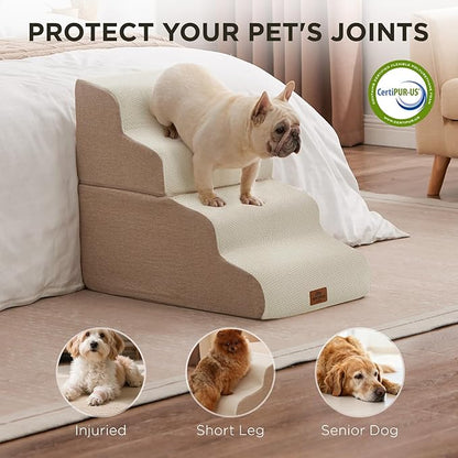 Joydeco Dog Stairs for Bed 17.1" H, 3-Step Pet Steps for Small Dogs and Cats, Dog Steps for High Bed, Non-Slip Balanced Ramp Indoor Pet Stairs, Beige
