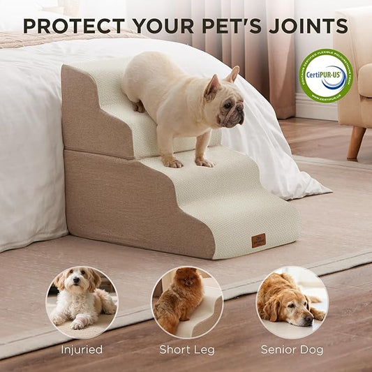 Joydeco Dog Stairs for Bed 17.1" H, 3-Step Pet Steps for Small Dogs and Cats, Dog Steps for High Bed, Non-Slip Balanced Ramp Indoor Pet Stairs, Beige