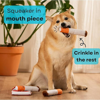 Nestpark Muttboro Doggy Cigs Funny Dog Toys - Parody Plush Squeaky Crinkle Interactive Dog Toy - Hide and Seek Treat Hiding Burrow Puzzle Toy for Stimulating Enrichment Activity