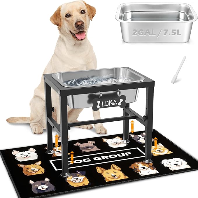 2 Gallon Elevated Dog Water Bowl for Large Breeds, 4-Height Adjustable Raised Dog Bowl(9.4-14.2'') with Stainless Steel Bowls, Spill-Proof Mat & Sturdy Metal Base for Indoor/Outdoor Use