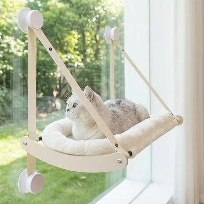Kilodor Cat Window Perch, Cat Hammock for Window with 4 Strong Suction Cups - Easy Assembly, Solid Wood Frame with Large Cats Bed - Supports Up to 40lbs for Indoor Cats Beige