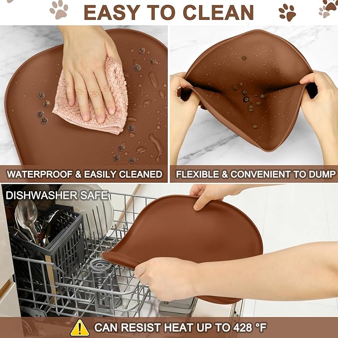 Small Silicone Pet Food Mat with Raised Edge for Food and Water Bowl, Square Dog Feeding Mats, Cat Food Trays for Floor Waterproof, Rubber Tray for Dogs and Cats, 12 x 12 x 0.7 Brown