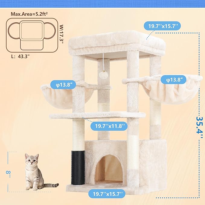 Hey-brother Cat Tree Tower with Extra Large Platform, Spacious Condo, 2 Cozy Hammocks, Self-Grooming Brush, Sisal Scratching Posts for Big Indoor Adult, Maine Coon, 35.4 Inches, Beige MPJ060M