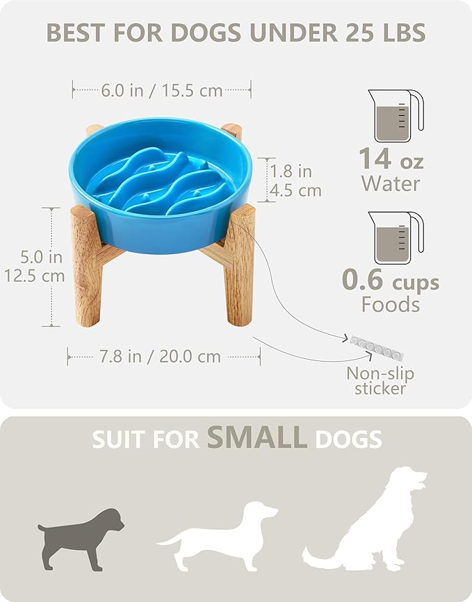 Ceramic Slow Feeder Dog Bowls Elevated, 0.6 Cup Dog Slow Feeder for Small Dogs, Puzzle Maze Bowl, 14oz, 6in, Baby Blue