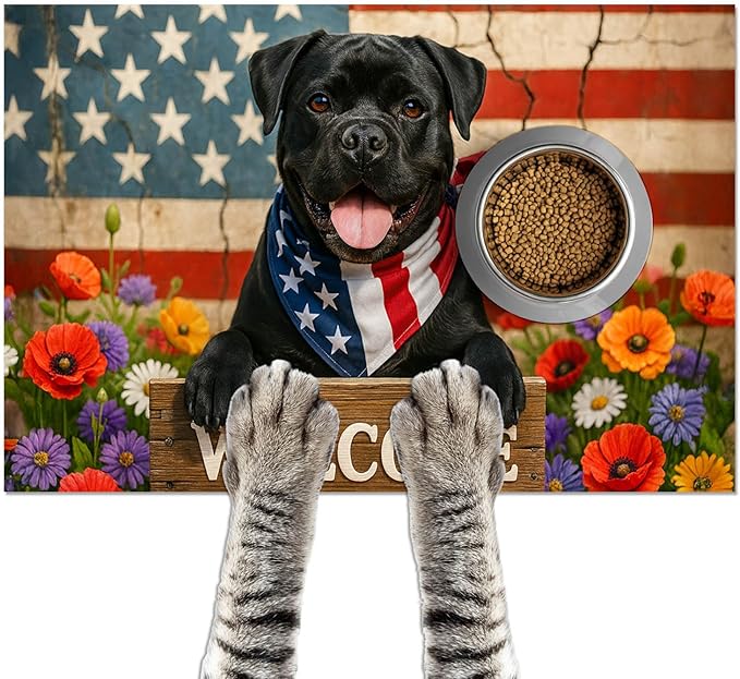 4th of July Flag Dog Pet Food Mat Independence Day Spill-Proof Pet Feeding Mat Welcome Dog Bowl Mats Pets Placemat Cat Food Mats for Home Decor 24" x 16"