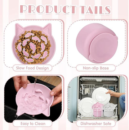 2 Pack Silicone Cat Slow Feeder, Elevated Slow Feeder Cat Bowl for Dry and Wet Food, Tilted Design with Non Slip Base, Adjustable Angle for Pet(Gray and Pink)