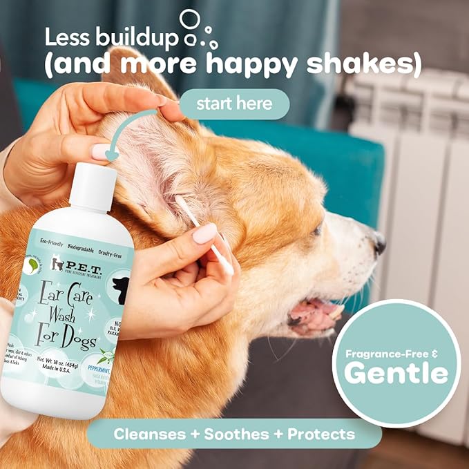 P.E.T. Ear Care Wash for Dogs & Cats — 0% Alcohol & Fragrance-Free Formula — Loosens Wax, Removes Debris, Neutralizes Odor & Soothes with Aloe & Oat — No-Rinse, Vet-Style Application — 16 oz
