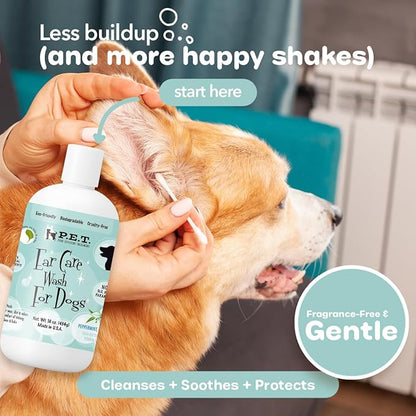 P.E.T. Ear Care Wash for Dogs & Cats — 0% Alcohol & Fragrance-Free Formula — Loosens Wax, Removes Debris, Neutralizes Odor & Soothes with Aloe & Oat — No-Rinse, Vet-Style Application — 16 oz