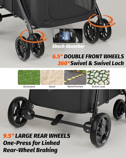 Dog Stroller for Large & Medium Dogs, Pet Stroller for 2 Small Dogs Up to 80 Lbs, Extra Large Heavy Duty, Folding & Breathable, All-Terrain Wheels, Black