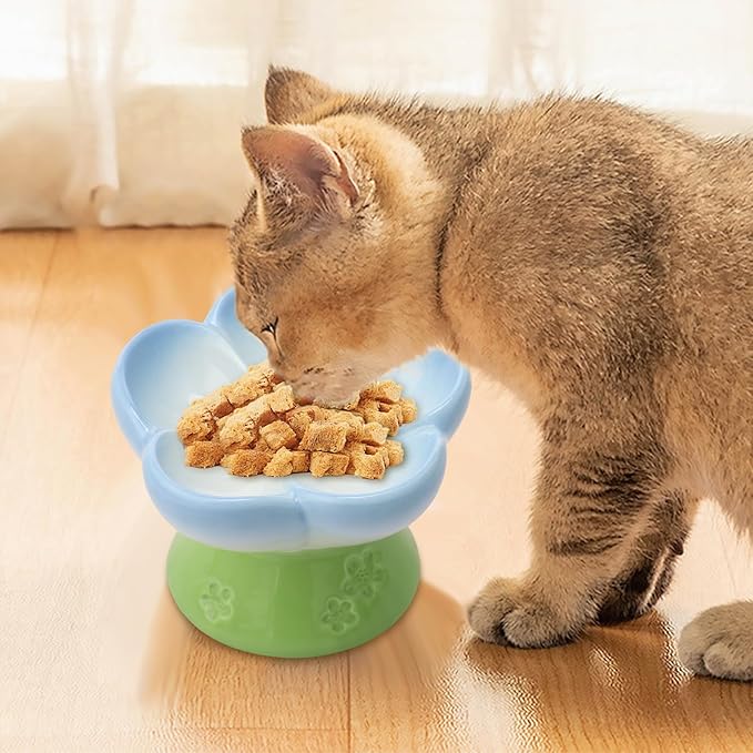 Ceramic Raised Slow Feeder Dog Bowl for Dry Wet Food, Smooth Surface Elevated Cat Food Bowl, Flower Shape Pet Food Bowls for Small Cat Dog, 150ml/5oz (Style 1)