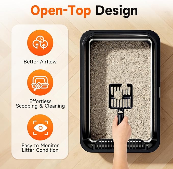 Stainless Steel Cat Litter Box, Extra Large XL Odor Free Metal Litter Box with High Sides Lid, Open Top Litter Pan Include Scoop Easy Cleaning Anti-Scratch Kitty Cat Box Anti-Urine Leakage, Non-Sticky