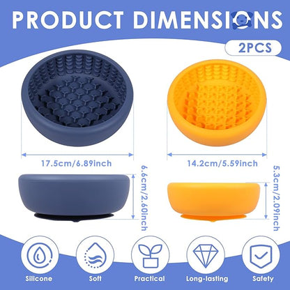 2 Pcs Dog Lick Bowl with Suction Cup, Non-Slip Slow Feeder Licking Mat, Large and Small Size, Dog Freeze Bowl for Small and Medium Dogs, BPA Free Silicone, Dishwasher Safe (Deep Blue & Orange)