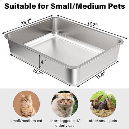 Stainless Steel Litter Box,Small Litter Box 2 Pack 17.7" x 13.7" x 4",Easy Entry Metal Litter Boxes for Kittens Cat Kitty Rabbits,Easy Clean Non Stick No Smell