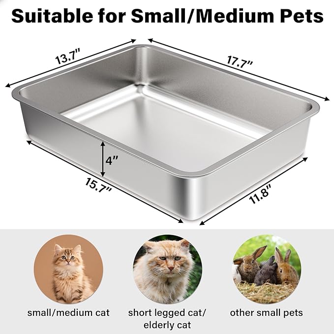 Stainless Steel Litter Box,Small Litter Box 17.7" x 13.7" x 4", Metal Litter Boxes for Kittens Kitty Senior Cat/Rabbits, Easy Entry, Easy Clean Non Stick No Smell
