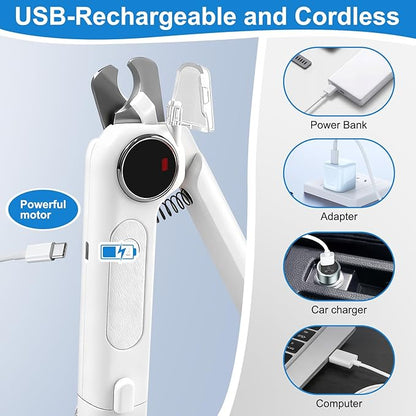 2-in-1 Dog Nail Clippers and Grinder, Electric Dog Nail Trimmer for Large Medium Small Dogs & Cats with 3 Speeds, USB Rechargeable, Quick Sensor, Splash Guard & LED Lights, Safe & Painless (White)