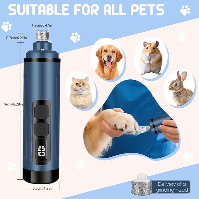 Dog Nail Grinder Electric Powerful 3 Speeds Dog Nail Clippers with Lights Quiet Cat Nail Clipper Painless Care Trimmers Tools for Small Medium Large Dogs and Cats (Blue)