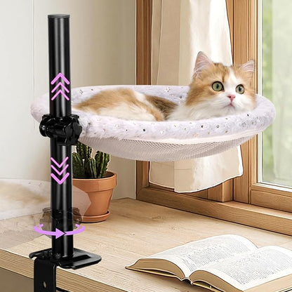 Cat Desk Bed, 360° Rotating & Height Adjustable Hammock Perch, Solid Metal Frame, Premium Velvet Fabric & 3D Mesh Cushion, 2 Washable Covers, Ideal Cat Bed for Indoor Use (Gray)