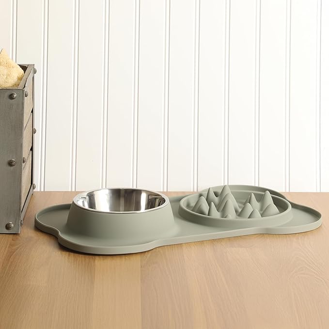 Gibson Home Curious Canines Slow Feeder Dog Bowl Set, 16” Bone Shaped Double Bowl, Silicone Base with Stainless Steel Insert, Anti-Gulp Feeding, Dishwasher Safe, Green