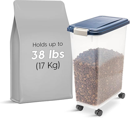 IRIS USA Dog Food Storage Container 38 lb, Airtight Large Pet Food Storage Bin with Wheels, for Dog Cat Bird Chicken Food, Holds Up to 38 Lbs, Keep Fresh, BPA Free, Made in USA, Navy