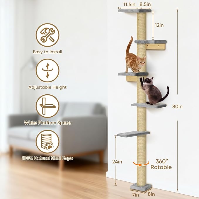 PAWSCRAT Cat Wall Shelves, Wall-Mounted Cat Tree, 5 Tier Floor to Ceiling Cats Tower, 80 Inch Wall-Mounted Cat Scratching Post, Space Saving Cat Furniture and Easliy Climb for All Cats, Gery