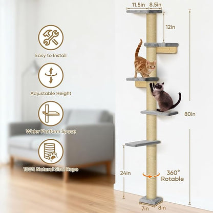 PAWSCRAT Cat Wall Shelves, Wall-Mounted Cat Tree, 5 Tier Floor to Ceiling Cats Tower, 80 Inch Wall-Mounted Cat Scratching Post, Space Saving Cat Furniture and Easliy Climb for All Cats, Gery