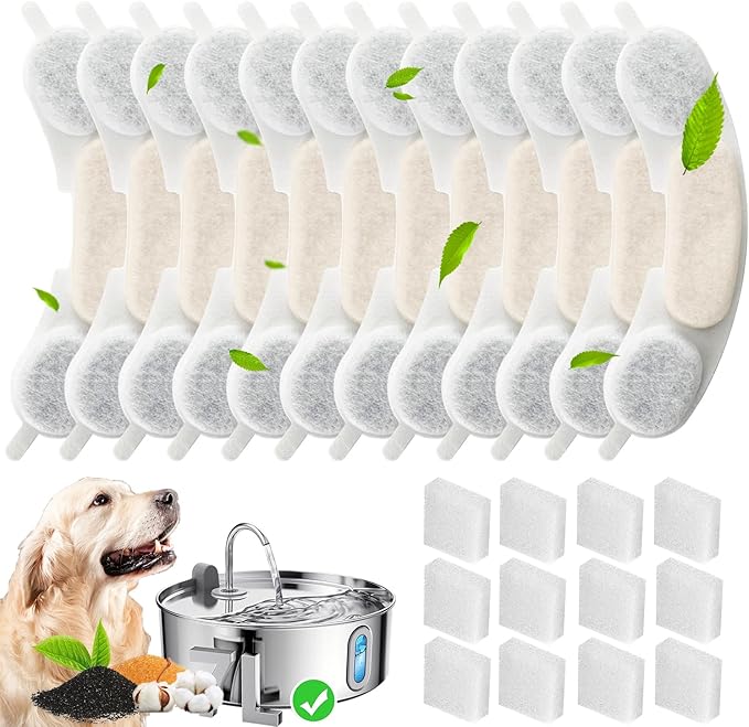12 Pack Replacement Filters Compatible with smartoo 7L/236oz Stainless Steel Dog Water Fountain, 6 Month Set for Large Dogs Water Bowl Dispenser, Includes 12 Filters & 12 Sponges