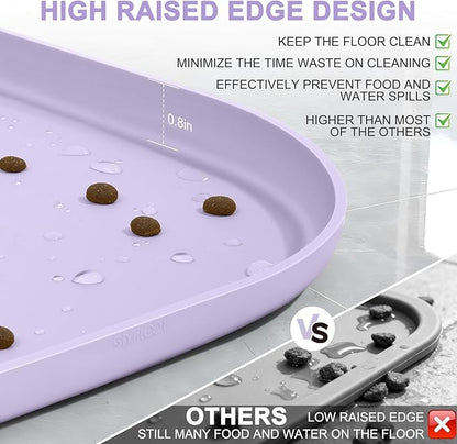 Silicone Pet Food Mat with Raised Edge for Food and Water Bowl, Dog Feeding Mats, Cat Food Trays for Floor Waterproof, Rubber Tray for Dogs and Cats, 24 x 16 x 0.8 Light Purple