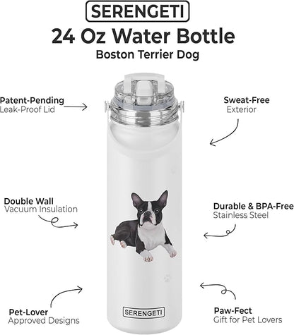 SERENGETI 24 Oz Water Bottle Stainless Steel with Spill Proof Lid - Double walled Vacuum Insulated water flask - Realistic 3D Print of your favorite dog (Boston Terrier)