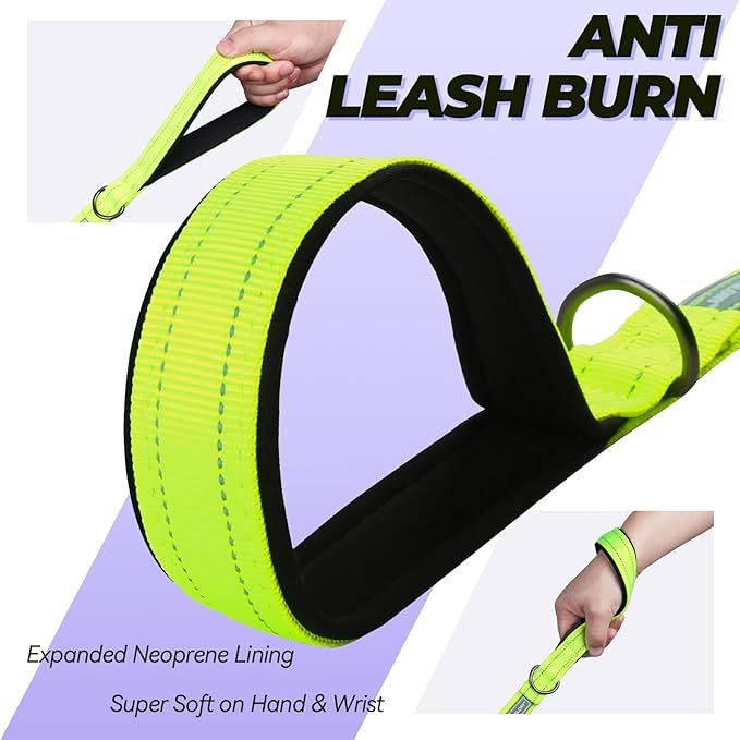 VIVAGLORY Dog Leash Twingrip Double Handle Dog Leash with Traffic Handle Control & 2 Loop for Walking & Training, Reflective Heavy Duty for Puppy Pet Collar, 6ft x 1in, Bright Yellow