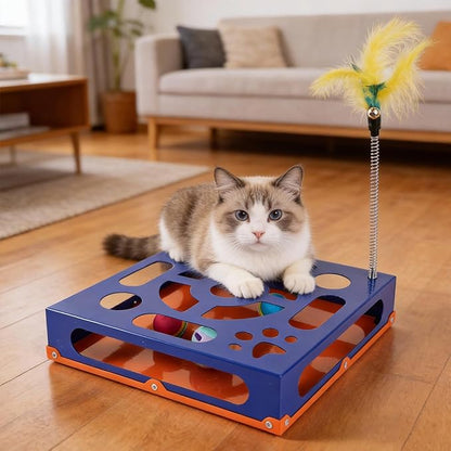 2026 New Metal Cat Scratch Puzzle Enrichment Box,cat Puzzle, 1 Spring-Loaded Colorful Feather Stick with a Bell,No Assembly Required, All Cats Indoor Play Toy
