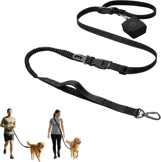 6-in-1 Hands-Free Dog Leash, Waist & Crossbody Bungee Lead with Dual Padded Handles, Bungee Shock Absorbing, Seat Belt Buckle, Reflective for Small Medium Large Dogs, Black