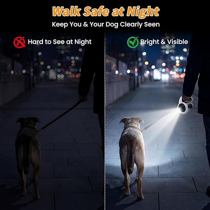 Retractable Dog Leash with USB Rechargeable LED Light, 16 ft Heavy Duty Dog Lead with Poop Bag Holder & Chew Proof Cable, Leash for Small Medium Large Dogs, White