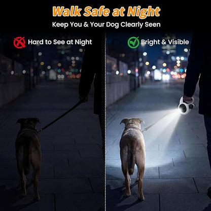 Retractable Dog Leash with USB Rechargeable LED Light, 16 ft Heavy Duty Dog Lead with Poop Bag Holder & Chew Proof Cable, Leash for Small Medium Large Dogs, White