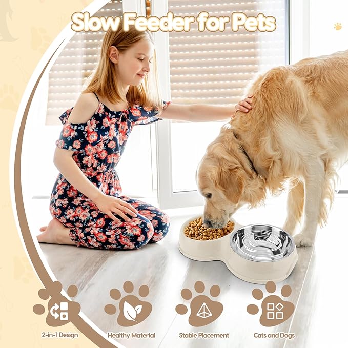 Pets Double Slow Feeder Bowls, Cats & Dogs Food Water Bowls, Stainless Steel Puppy Food and Water Dishes Non-Skid, Pet Feeding Bowl for Small Dogs Puppy Cat (White)
