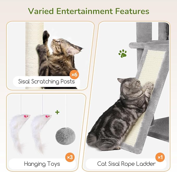 Globlazer Extra Large Cat Tree, 78 inch Sturdy Tall Cat Tree Tower for Indoor Multiple Large Adult Cats Kittens with 6 Scratching Posts, Enlarged Top Perch, 2 Padded Condos, S78G, Light Grey